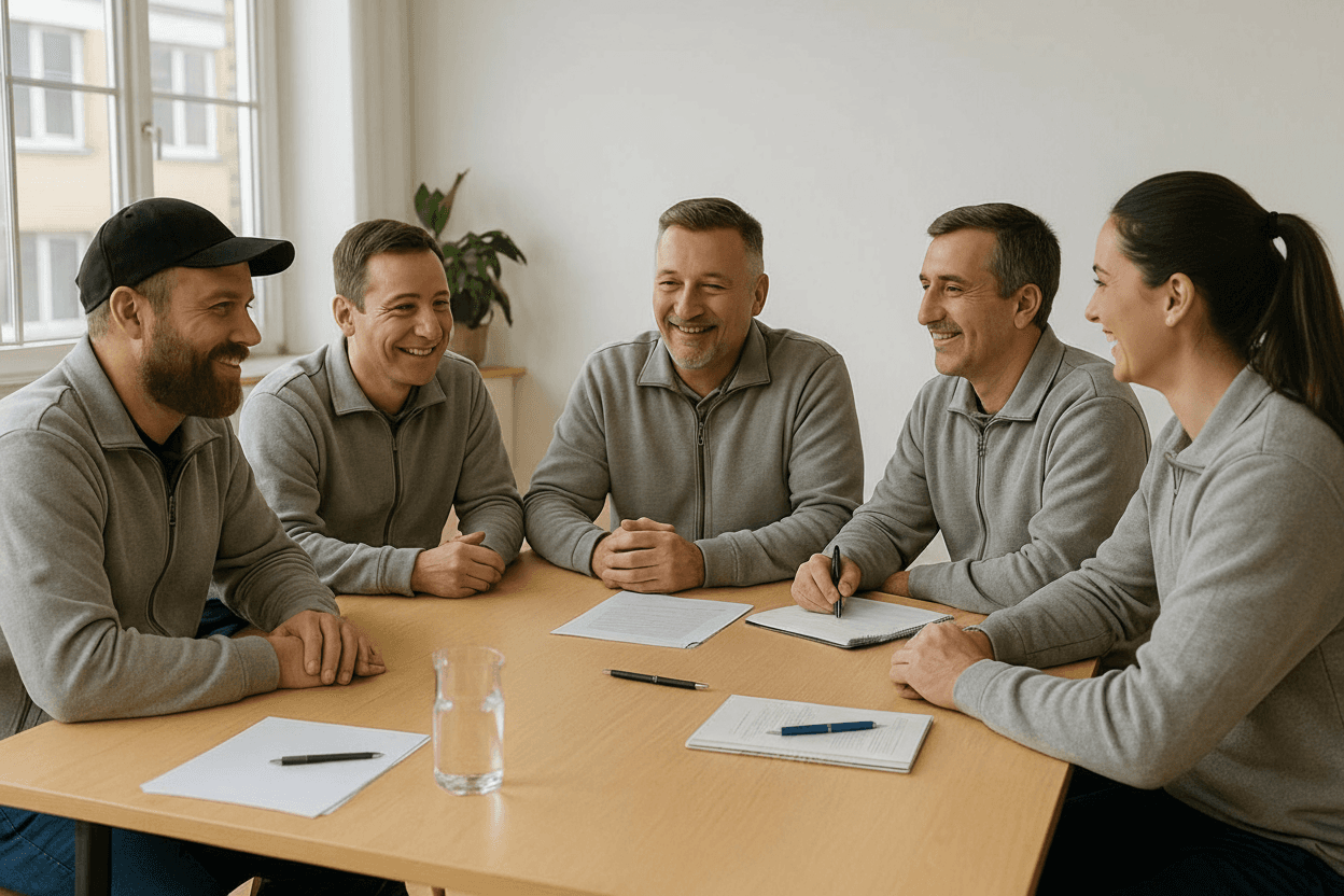 Führungskräfte von CURAMUS facility services besprechen Projekte im hellen Loftbüro