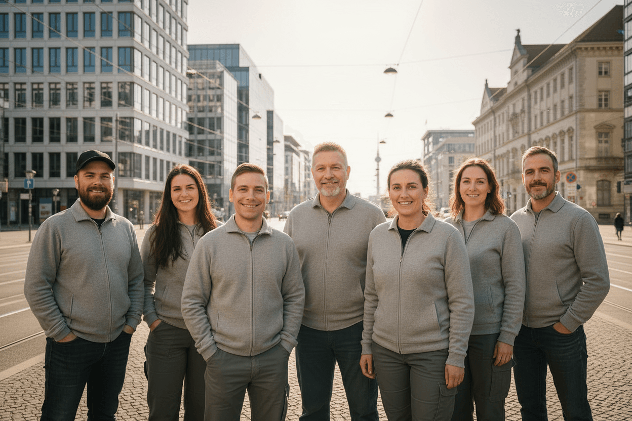 Team von CURAMUS facility services steht gemeinsam im Servicekorridor