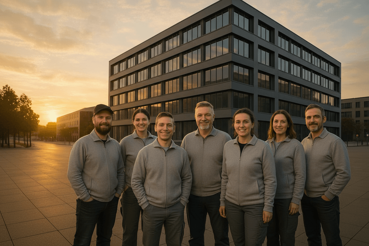 Team von CURAMUS facility services steht vor einem modernen Bürogebäude in Berlin