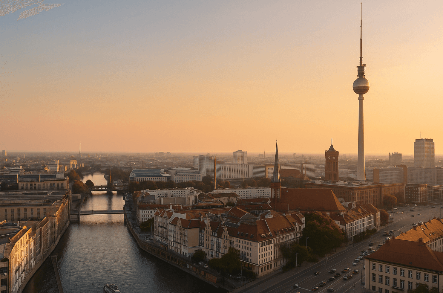 Abendliche Skyline von Berlin mit Fernsehturm und Spree