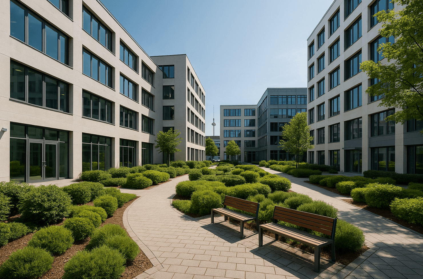 Grün gestalteter Innenhof nahe der Friedrichstraße
