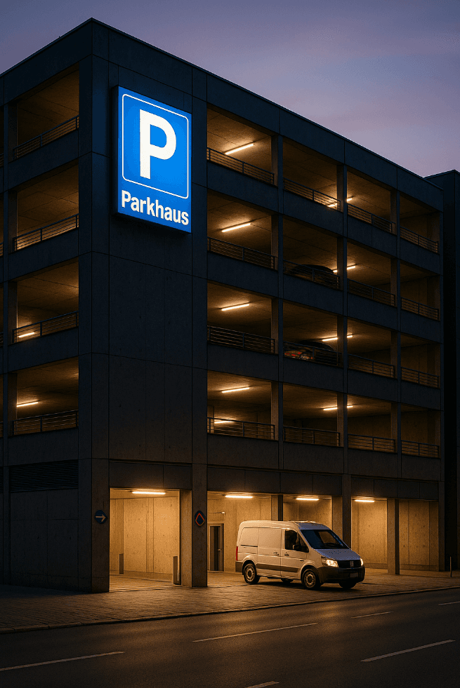 Mehrstöckiges Parkhaus am Kurfürstendamm bei Abenddämmerung