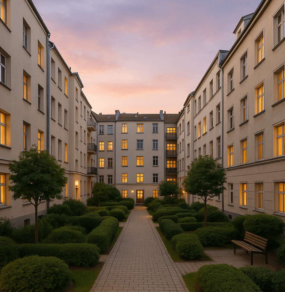 Grüner Innenhof eines Berliner Wohnquartiers